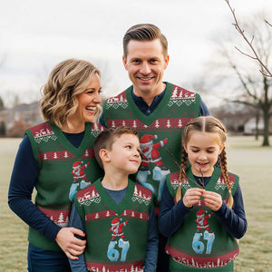 Funny 67 Xmas V-Neck Knit Sweater Vest Six Seven Dabbing Santa Meme Gen Alpha Slang TS11 Red Green Print Your Wear