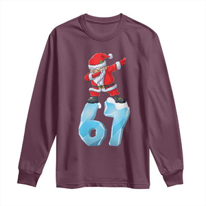 Funny 67 Christmas Long Sleeve Shirt Six Seven Dabbing Santa Meme Gen Alpha Slang TS11 Maroon Print Your Wear
