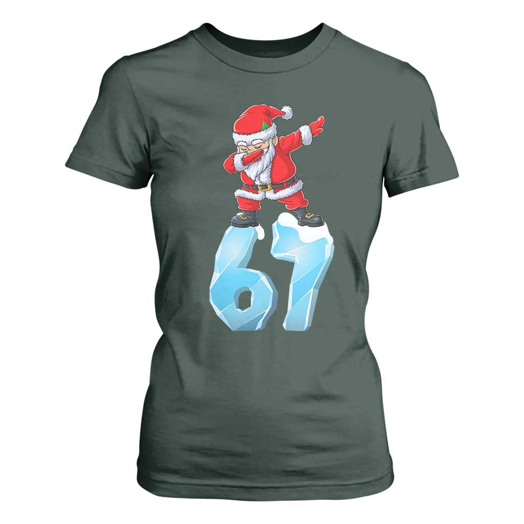 Funny 67 Christmas T Shirt For Women Six Seven Dabbing Santa Meme Gen Alpha Slang TS11 Dark Forest Green Print Your Wear