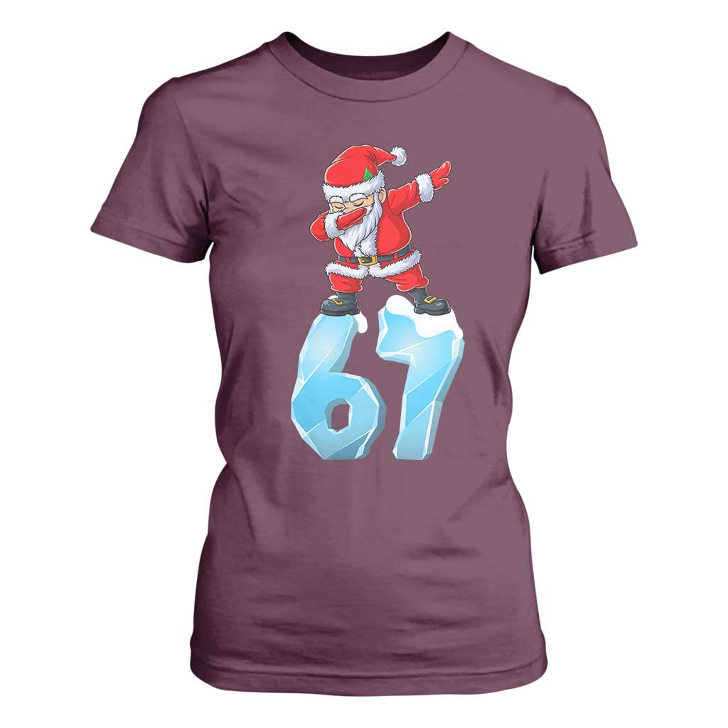 Funny 67 Christmas T Shirt For Women Six Seven Dabbing Santa Meme Gen Alpha Slang TS11 Maroon Print Your Wear