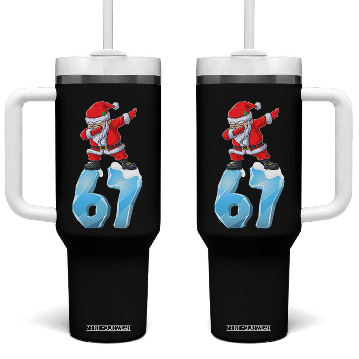 Funny 67 Christmas Tumbler With Handle Six Seven Dabbing Santa Meme Gen Alpha Slang TS11 One Size: 40 oz Black Print Your Wear