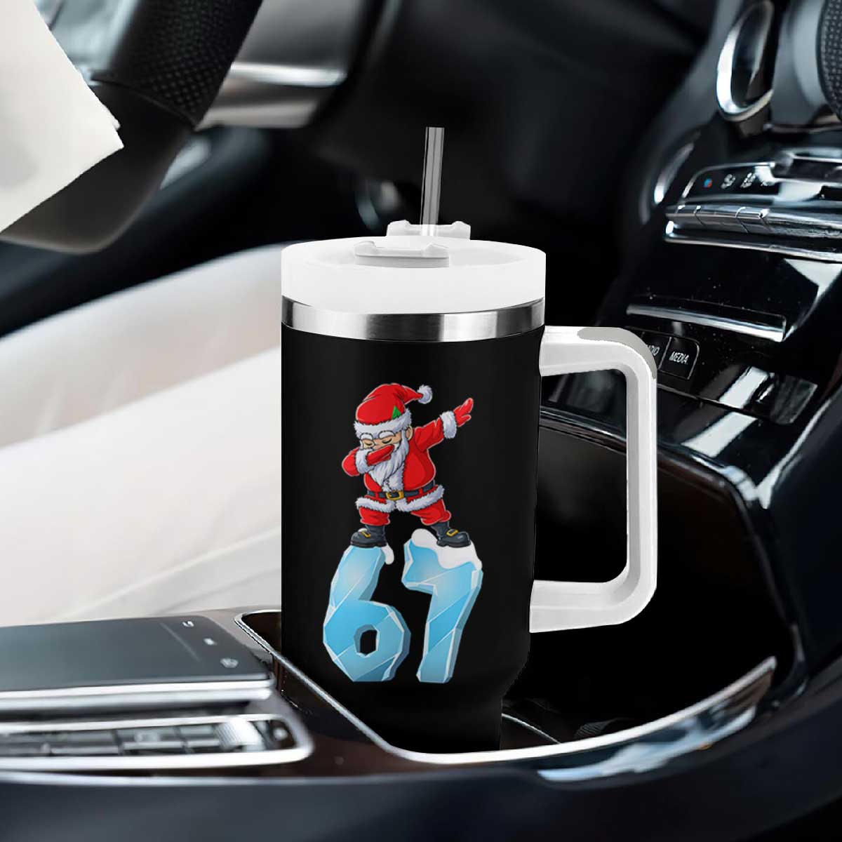 Funny 67 Christmas Tumbler With Handle Six Seven Dabbing Santa Meme Gen Alpha Slang TS11 Print Your Wear