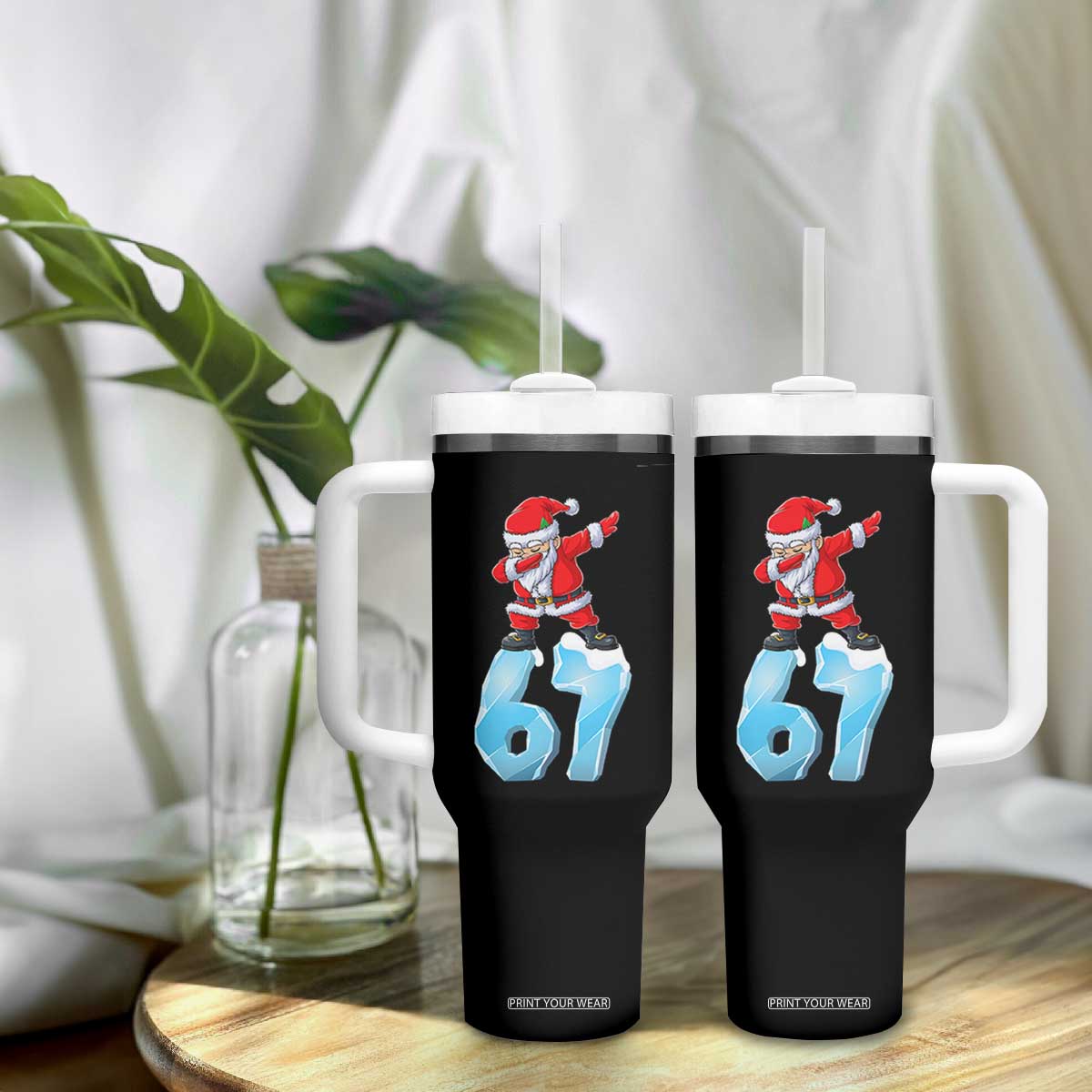 Funny 67 Christmas Tumbler With Handle Six Seven Dabbing Santa Meme Gen Alpha Slang TS11 Print Your Wear