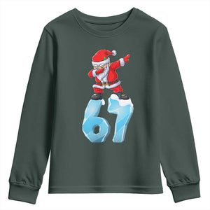 Funny 67 Christmas Youth Sweatshirt Six Seven Dabbing Santa Meme Gen Alpha Slang TS11 Dark Forest Green Print Your Wear