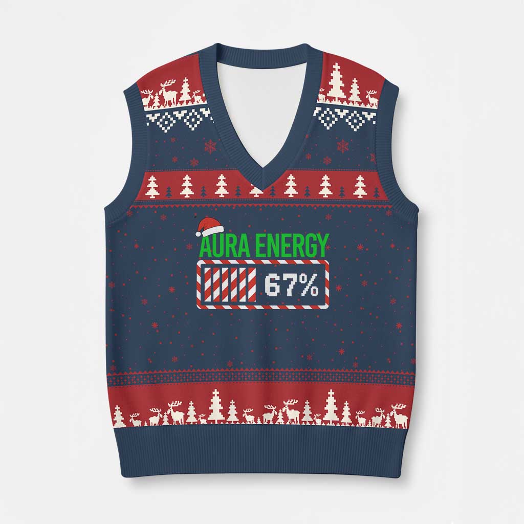 Funny Aura Energy 67 Xmas V-Neck Knit Sweater Vest Aura Farming Six Seven Meme Gen Alpha Slang TS11 Navy Red Print Your Wear