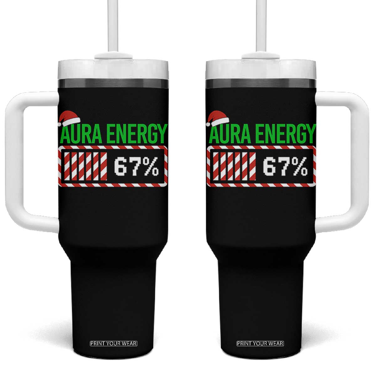 Funny Aura Energy 67 Christmas Tumbler With Handle Aura Farming Six Seven Meme Gen Alpha Slang TS11 One Size: 40 oz Black Print Your Wear