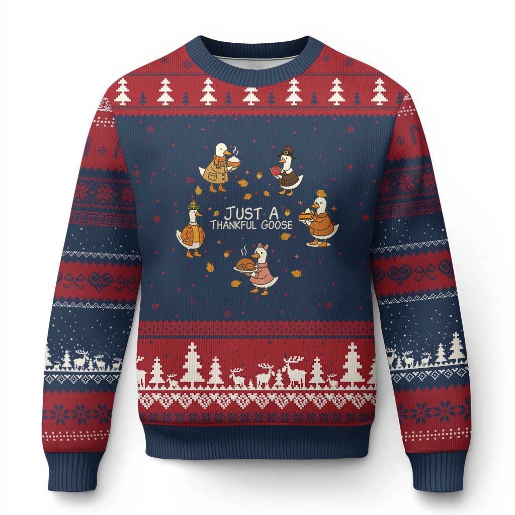 Just A Thankful Goose Ugly Christmas Sweater Funny Goose Turkey Thanksgiving Fall Season TS11 Navy Red Print Your Wear
