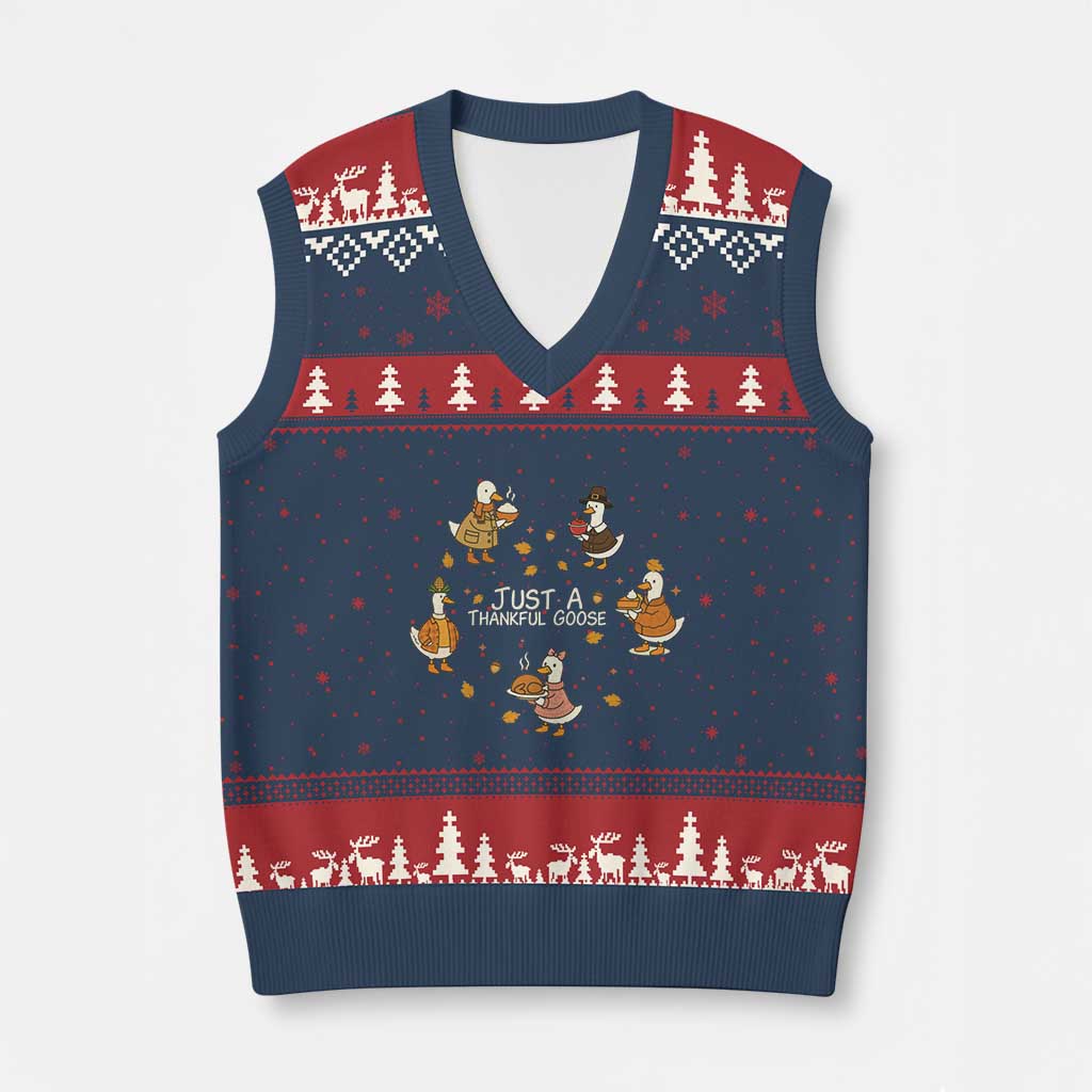 Just A Thankful Goose V-Neck Knit Sweater Vest Funny Goose Turkey Thanksgiving Fall Season TS11 Navy Red Print Your Wear