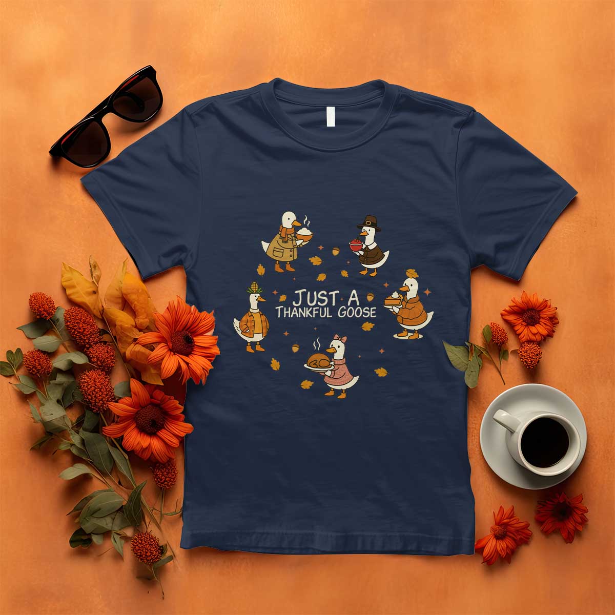 Just A Thankful Goose T Shirt Funny Goose Turkey Thanksgiving Fall Season TS11 Navy Print Your Wear