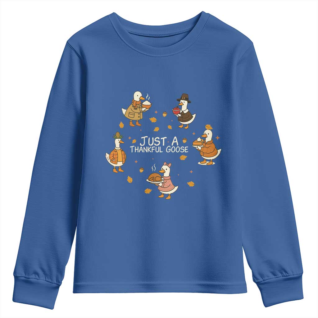Just A Thankful Goose Youth Sweatshirt Funny Goose Turkey Thanksgiving Fall Season TS11 Royal Blue Print Your Wear