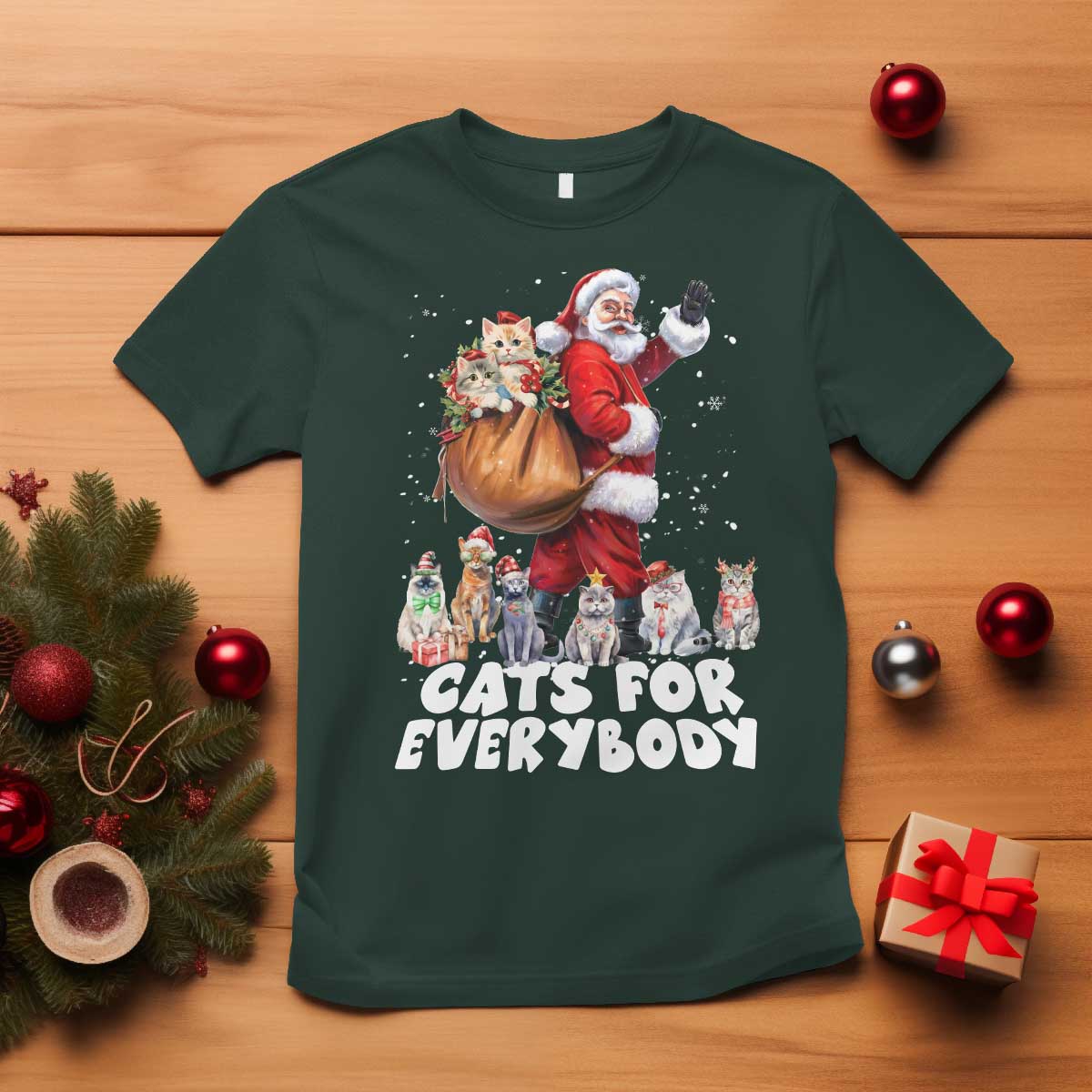 Funny Christmas Cat T Shirt Cats For Everybody Xmas Santa Pet TS11 Dark Forest Green Print Your Wear