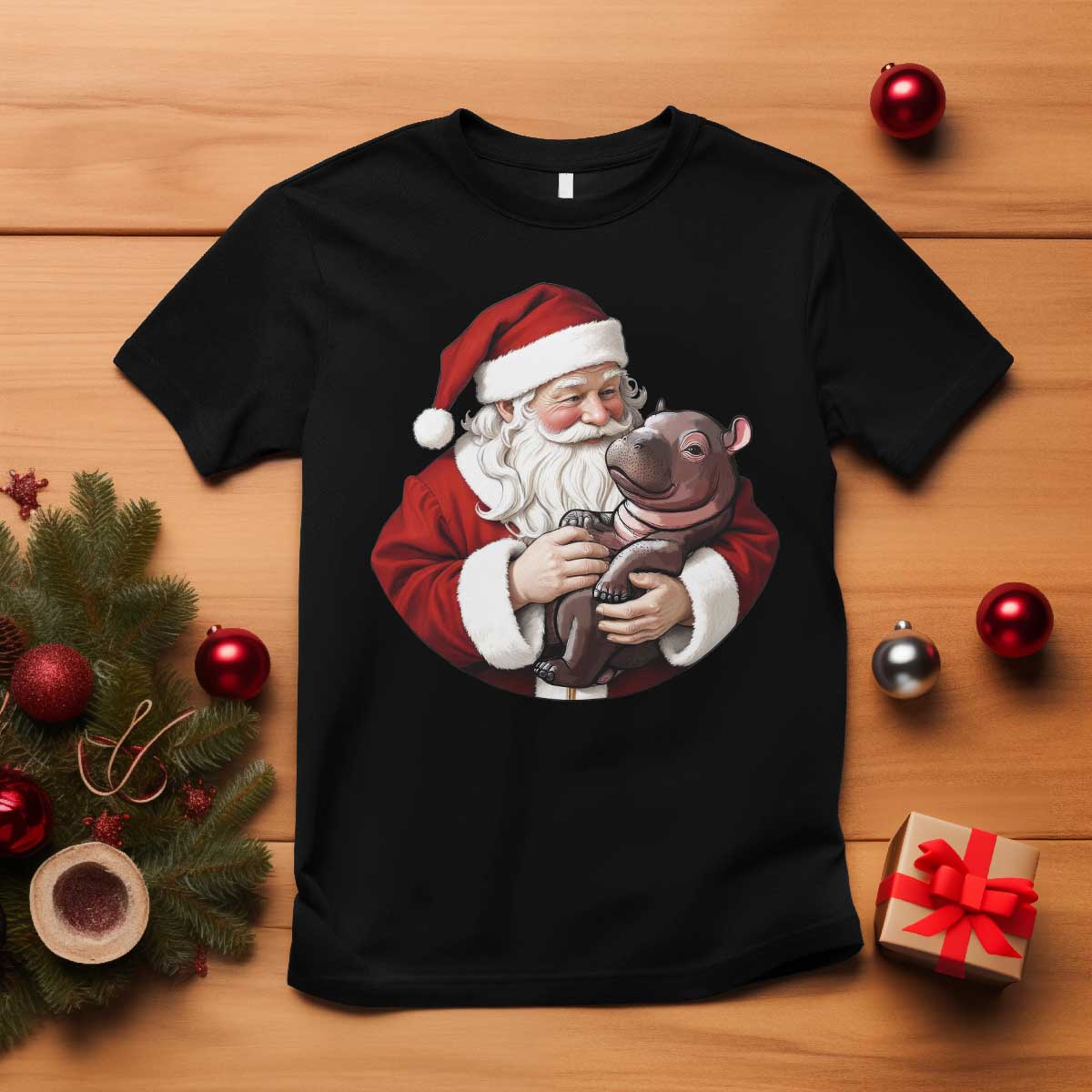 Funny Moo Deng Christmas T Shirt Santa Cute Hippo Zoo Meme Baby Pygmy TS11 Black Print Your Wear