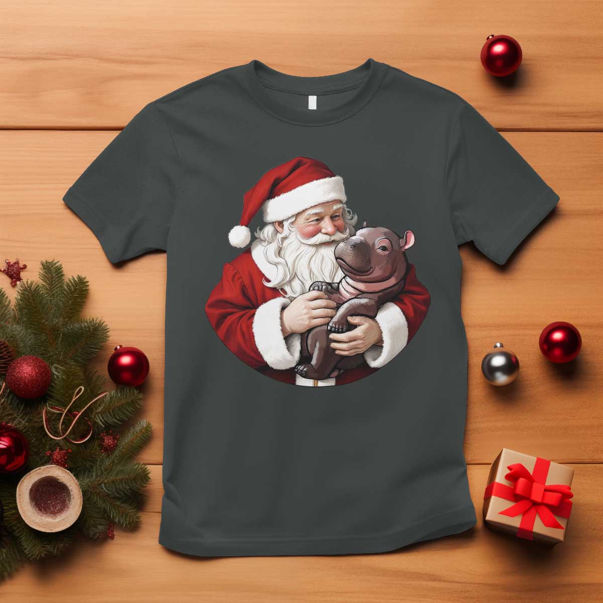 Funny Moo Deng Christmas T Shirt Santa Cute Hippo Zoo Meme Baby Pygmy TS11 Dark Heather Print Your Wear