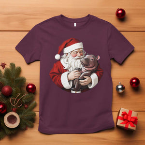 Funny Moo Deng Christmas T Shirt Santa Cute Hippo Zoo Meme Baby Pygmy TS11 Maroon Print Your Wear