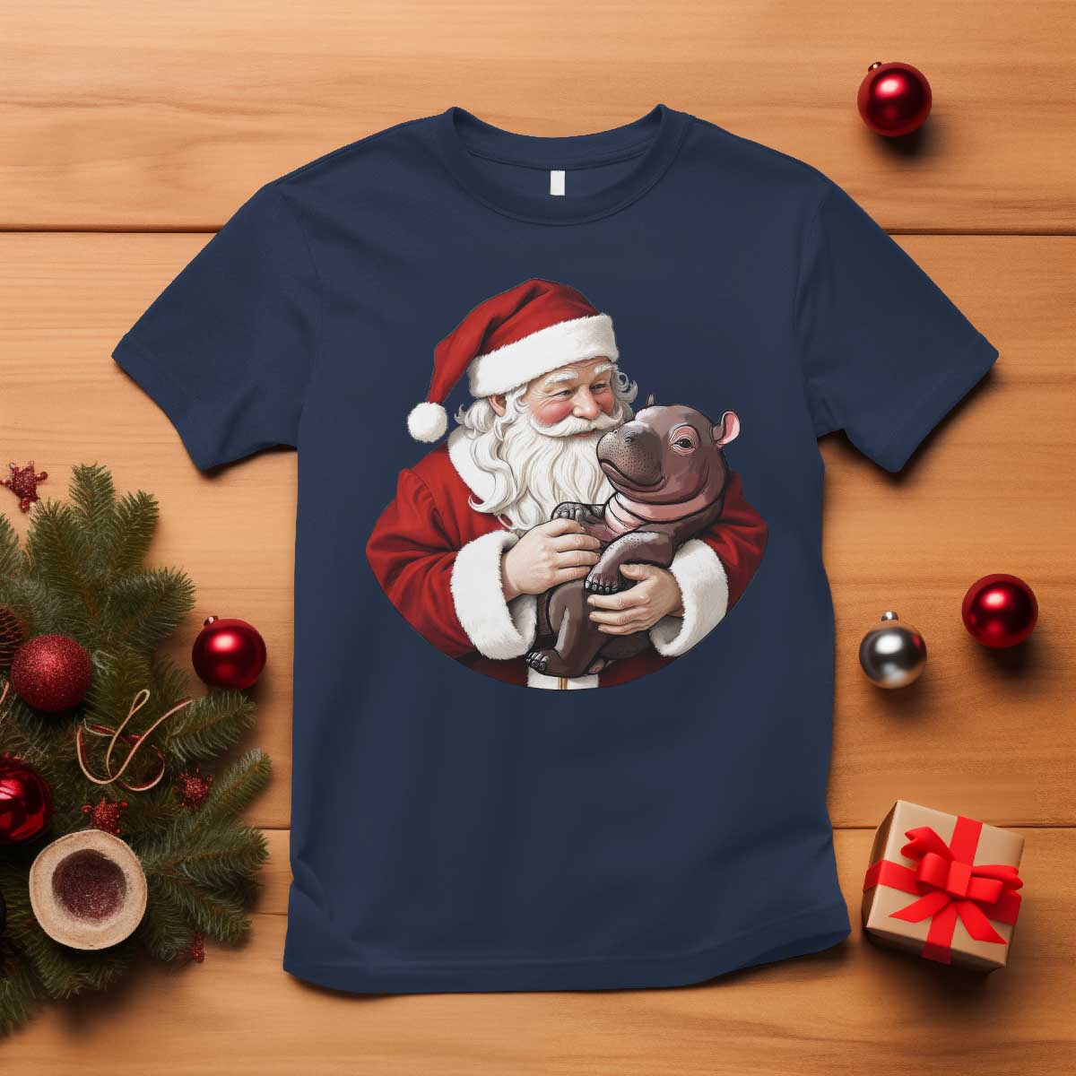 Funny Moo Deng Christmas T Shirt Santa Cute Hippo Zoo Meme Baby Pygmy TS11 Navy Print Your Wear