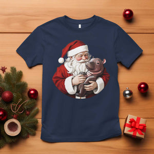 Funny Moo Deng Christmas T Shirt Santa Cute Hippo Zoo Meme Baby Pygmy TS11 Navy Print Your Wear