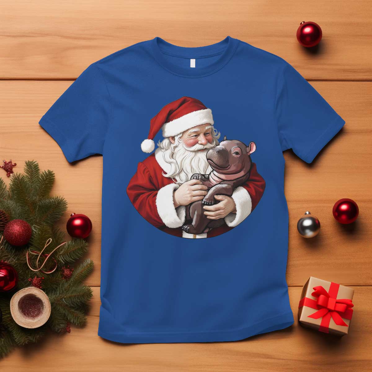 Funny Moo Deng Christmas T Shirt Santa Cute Hippo Zoo Meme Baby Pygmy TS11 Royal Blue Print Your Wear