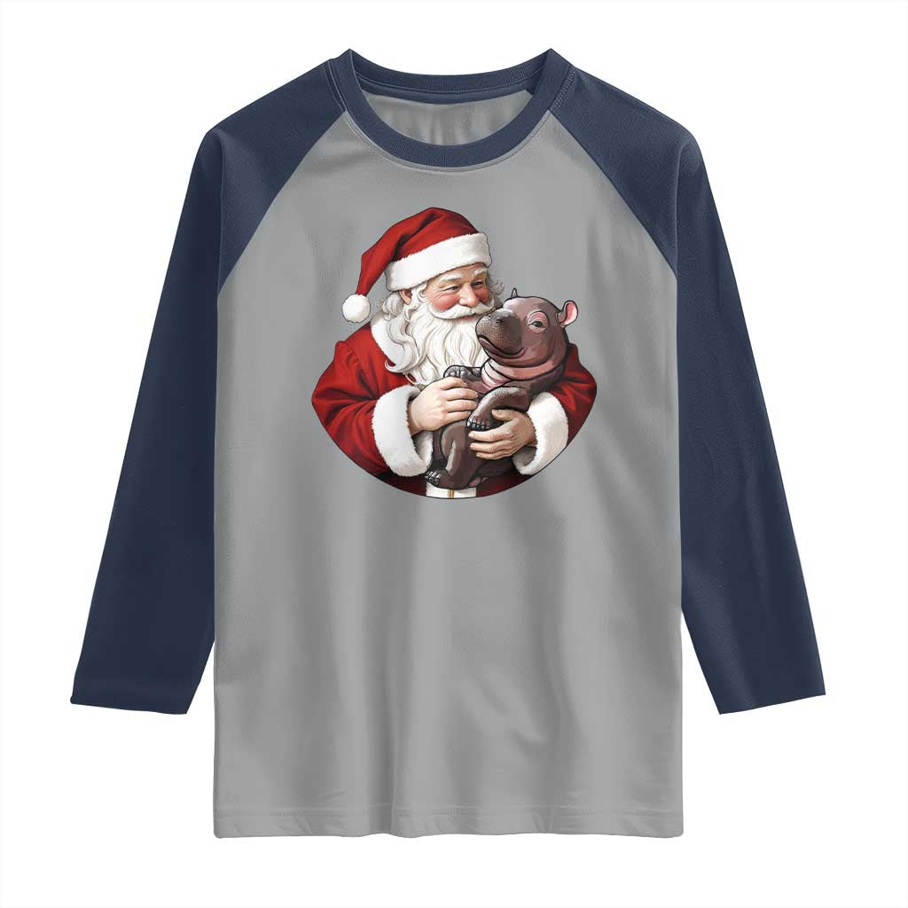 Funny Moo Deng Christmas Raglan Shirt Santa Cute Hippo Zoo Meme Baby Pygmy TS11 Sport Gray Navy Print Your Wear