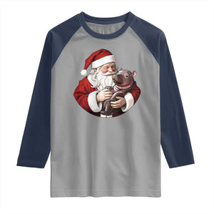 Funny Moo Deng Christmas Raglan Shirt Santa Cute Hippo Zoo Meme Baby Pygmy TS11 Sport Gray Navy Print Your Wear