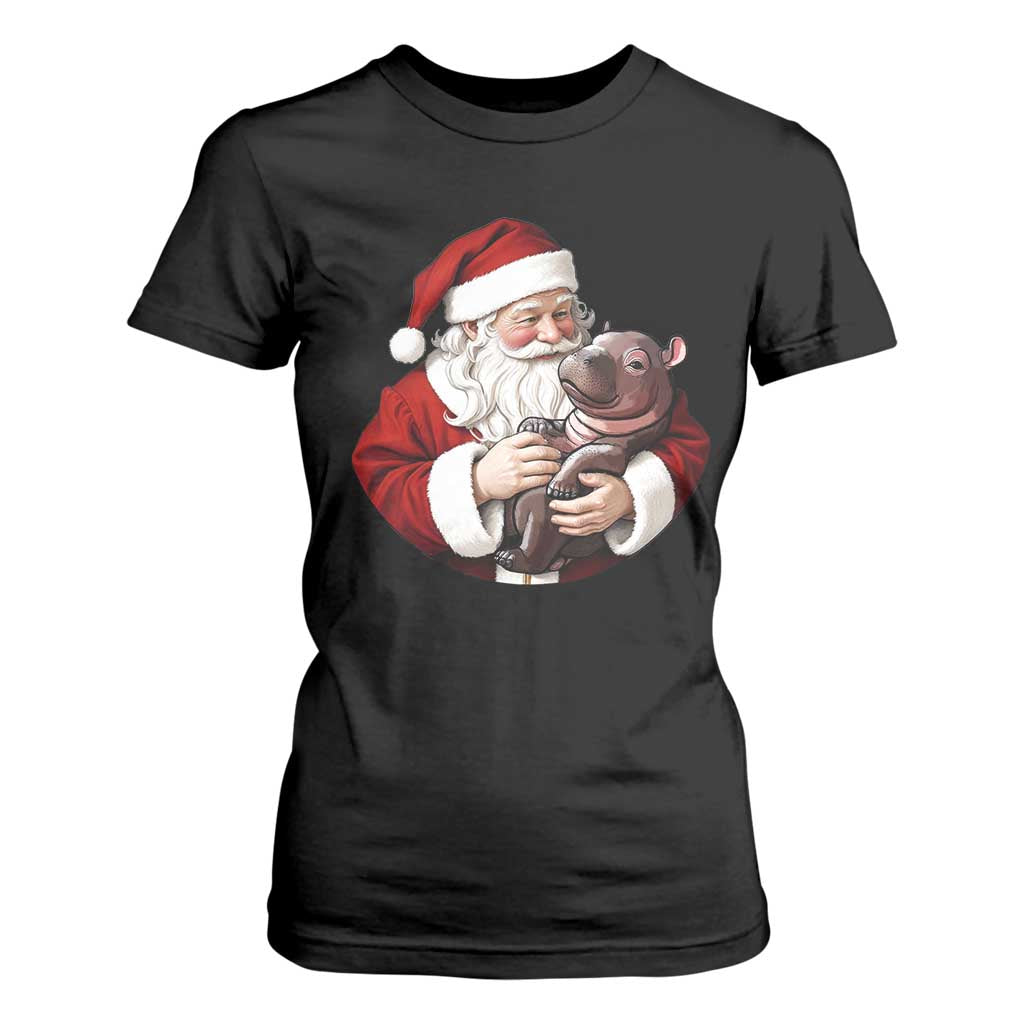 Funny Moo Deng Christmas T Shirt For Women Santa Cute Hippo Zoo Meme Baby Pygmy TS11 Black Print Your Wear