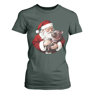 Funny Moo Deng Christmas T Shirt For Women Santa Cute Hippo Zoo Meme Baby Pygmy TS11 Dark Forest Green Print Your Wear