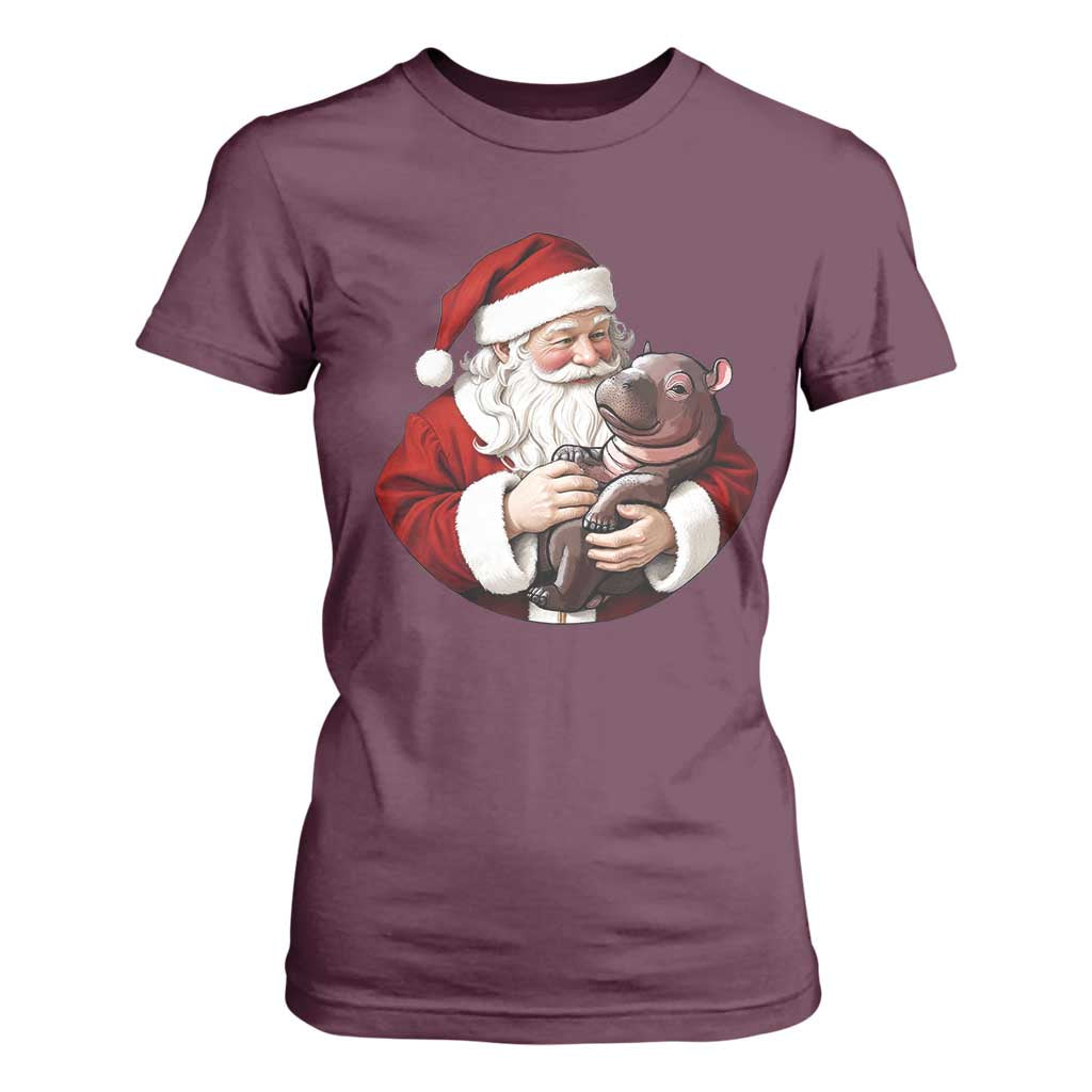 Funny Moo Deng Christmas T Shirt For Women Santa Cute Hippo Zoo Meme Baby Pygmy TS11 Maroon Print Your Wear