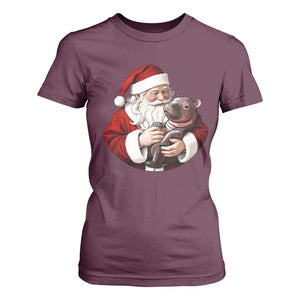 Funny Moo Deng Christmas T Shirt For Women Santa Cute Hippo Zoo Meme Baby Pygmy TS11 Maroon Print Your Wear