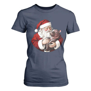 Funny Moo Deng Christmas T Shirt For Women Santa Cute Hippo Zoo Meme Baby Pygmy TS11 Navy Print Your Wear