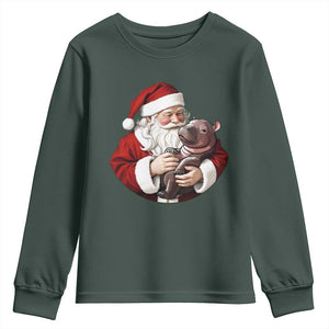 Funny Moo Deng Christmas Youth Sweatshirt Santa Cute Hippo Zoo Meme Baby Pygmy TS11 Dark Forest Green Print Your Wear