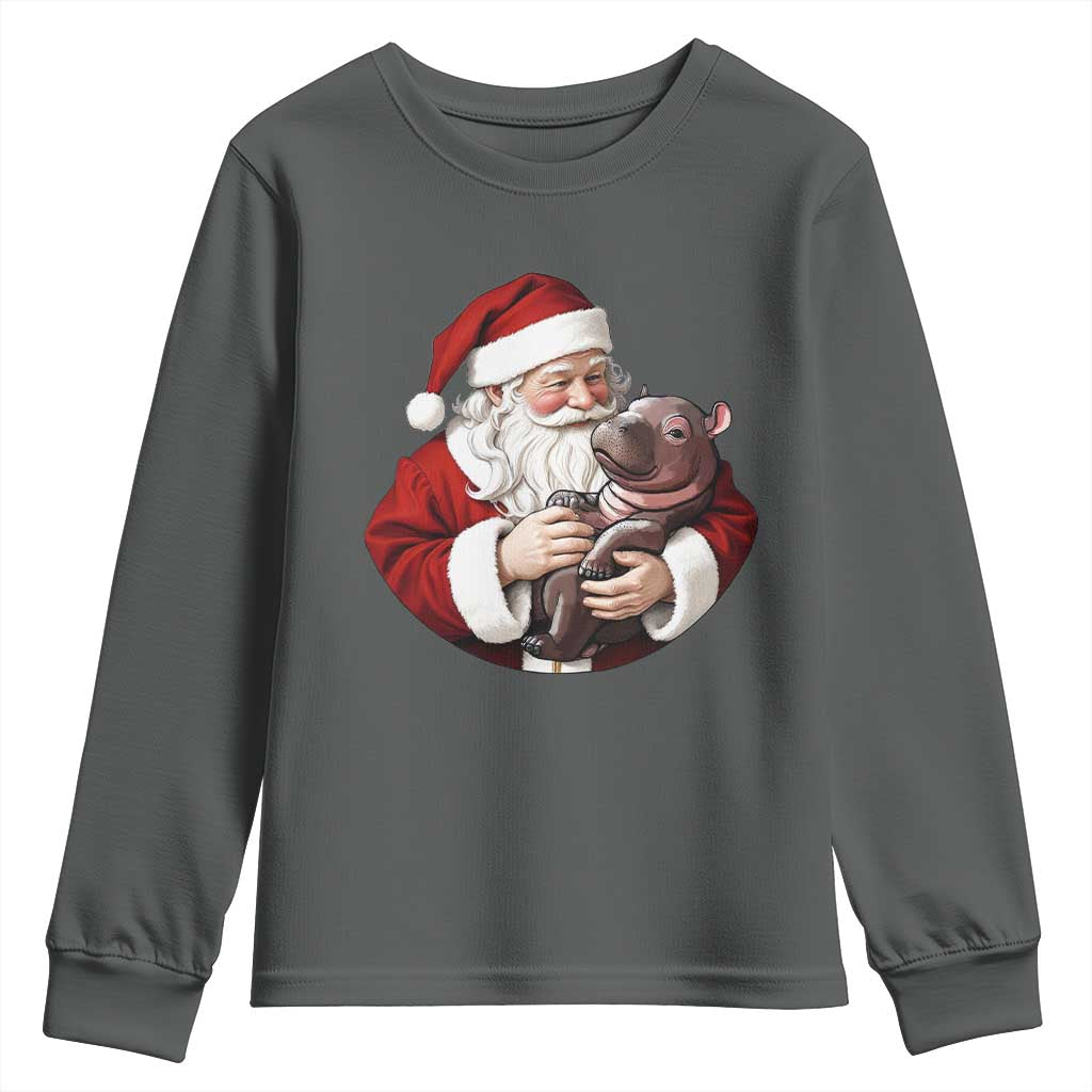 Funny Moo Deng Christmas Youth Sweatshirt Santa Cute Hippo Zoo Meme Baby Pygmy TS11 Dark Heather Print Your Wear