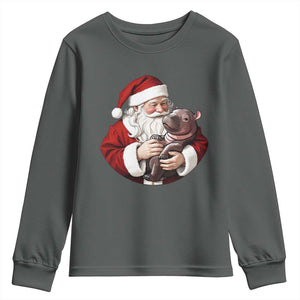 Funny Moo Deng Christmas Youth Sweatshirt Santa Cute Hippo Zoo Meme Baby Pygmy TS11 Dark Heather Print Your Wear