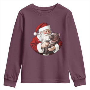 Funny Moo Deng Christmas Youth Sweatshirt Santa Cute Hippo Zoo Meme Baby Pygmy TS11 Maroon Print Your Wear