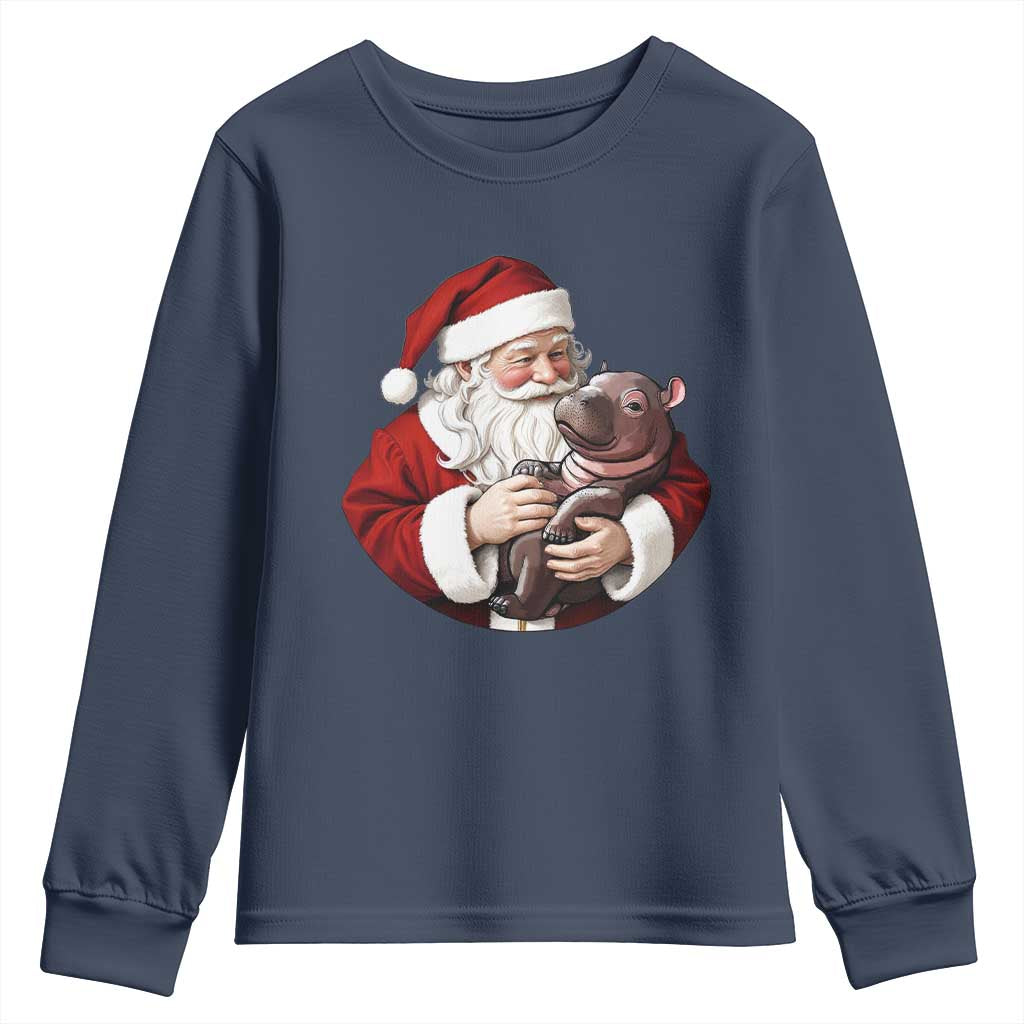Funny Moo Deng Christmas Youth Sweatshirt Santa Cute Hippo Zoo Meme Baby Pygmy TS11 Navy Print Your Wear
