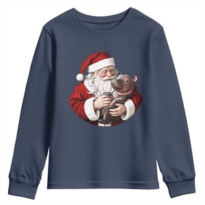 Funny Moo Deng Christmas Youth Sweatshirt Santa Cute Hippo Zoo Meme Baby Pygmy TS11 Navy Print Your Wear