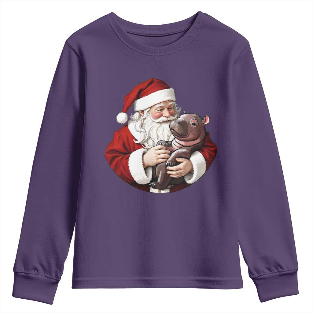 Funny Moo Deng Christmas Youth Sweatshirt Santa Cute Hippo Zoo Meme Baby Pygmy TS11 Purple Print Your Wear