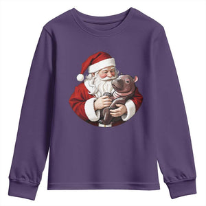 Funny Moo Deng Christmas Youth Sweatshirt Santa Cute Hippo Zoo Meme Baby Pygmy TS11 Purple Print Your Wear