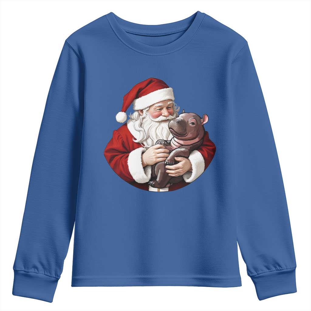 Funny Moo Deng Christmas Youth Sweatshirt Santa Cute Hippo Zoo Meme Baby Pygmy TS11 Royal Blue Print Your Wear