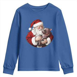 Funny Moo Deng Christmas Youth Sweatshirt Santa Cute Hippo Zoo Meme Baby Pygmy TS11 Royal Blue Print Your Wear