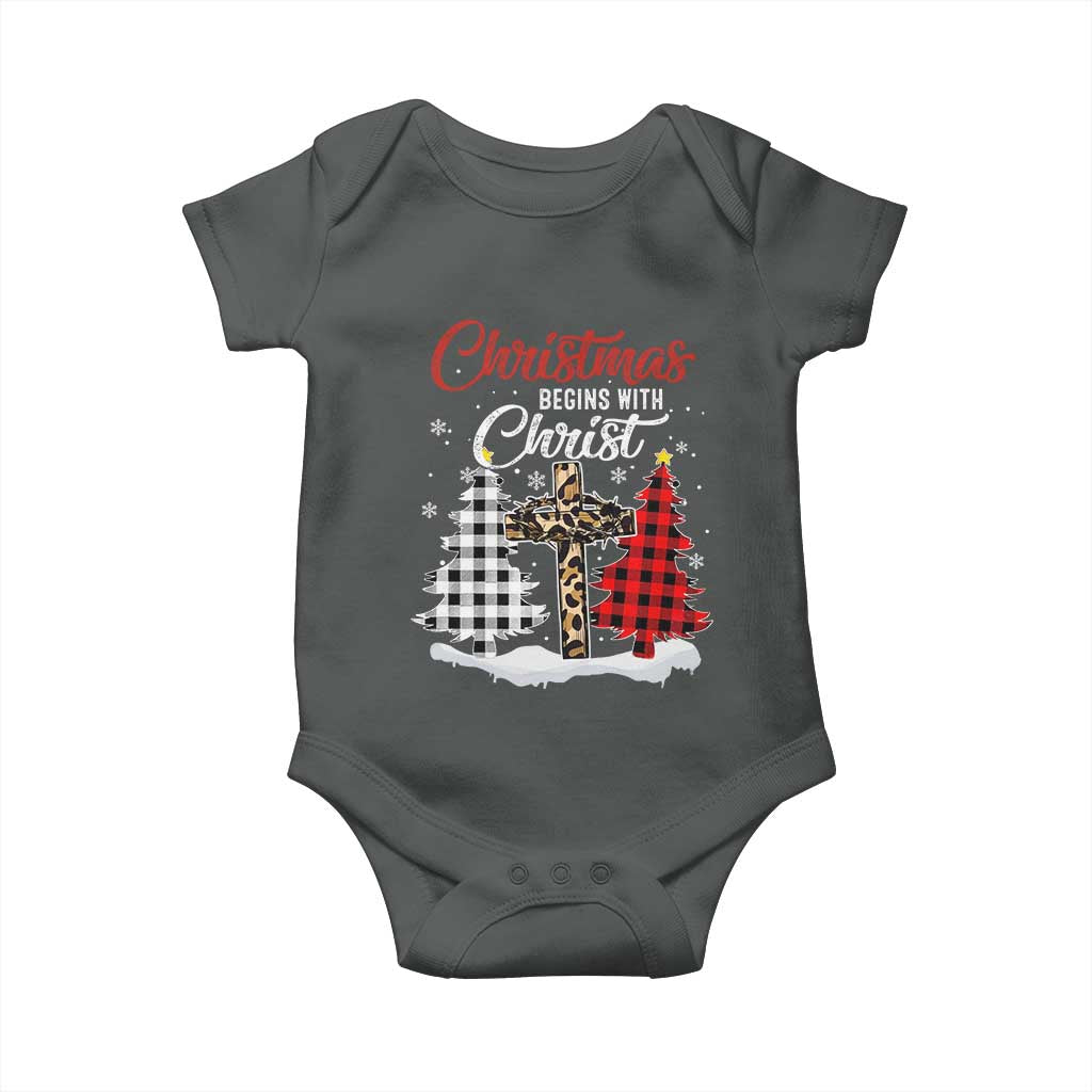 Christmas Begins With Christ Baby Onesie Leopard Cross Plaid Xmas Tree TS11 Dark Heather Print Your Wear
