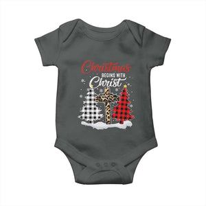 Christmas Begins With Christ Baby Onesie Leopard Cross Plaid Xmas Tree TS11 Dark Heather Print Your Wear
