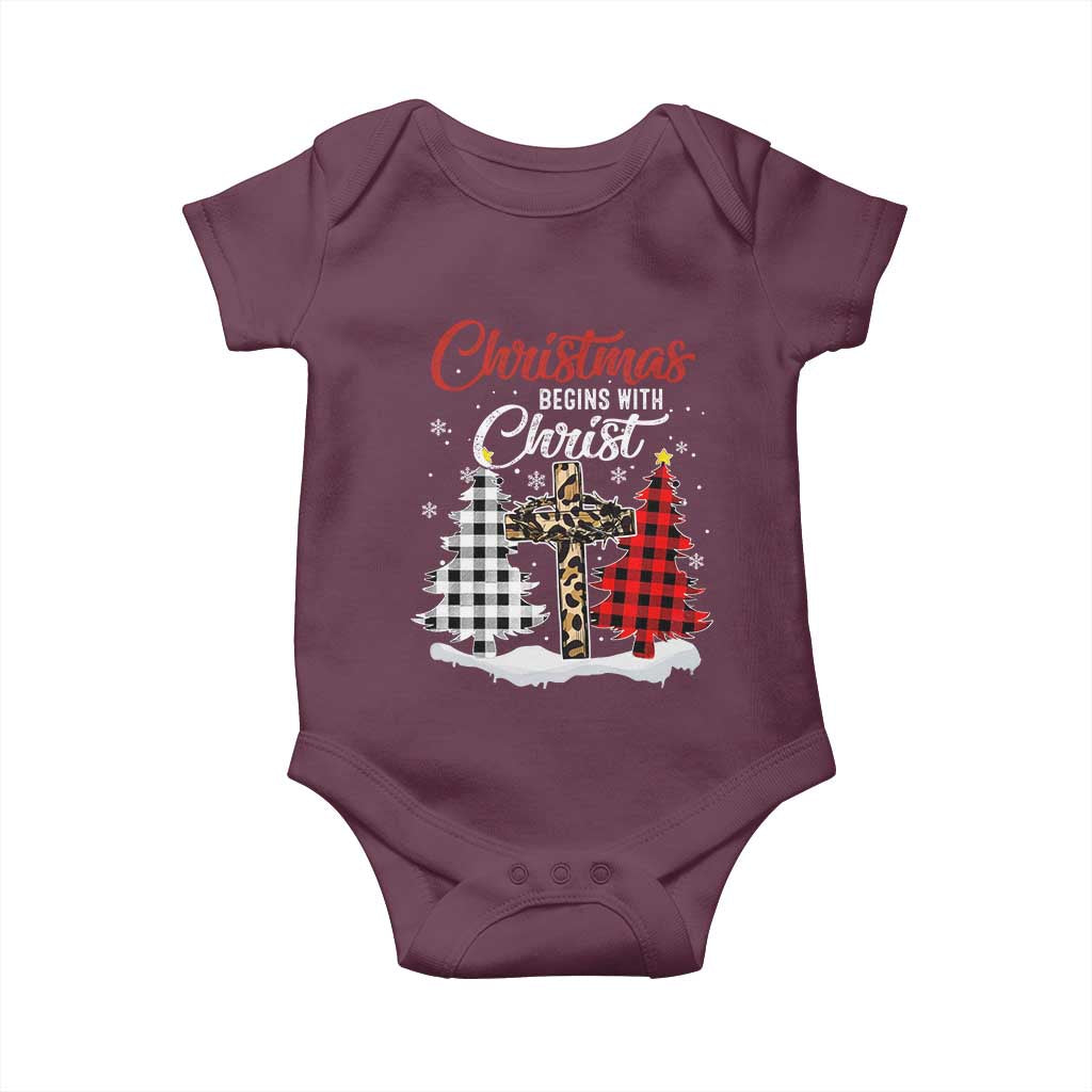 Christmas Begins With Christ Baby Onesie Leopard Cross Plaid Xmas Tree TS11 Maroon Print Your Wear