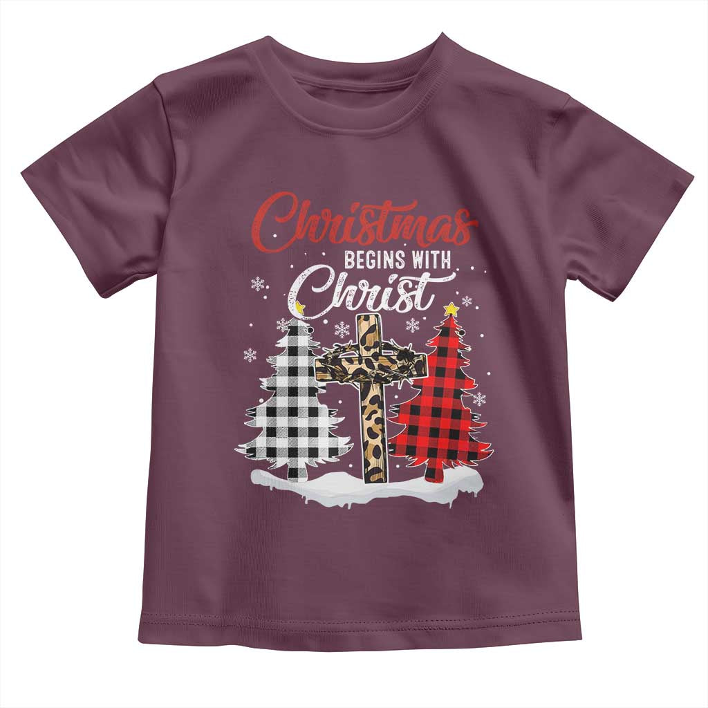 Christmas Begins With Christ Baby Shirt Leopard Cross Plaid Xmas Tree TS11 Maroon Print Your Wear