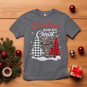 Christmas Begins With Christ T Shirt Leopard Cross Plaid Xmas Tree TS11 Charcoal Print Your Wear