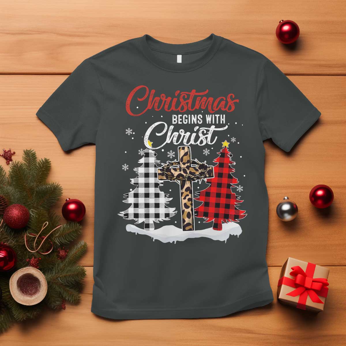 Christmas Begins With Christ T Shirt Leopard Cross Plaid Xmas Tree TS11 Dark Heather Print Your Wear