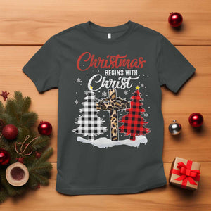 Christmas Begins With Christ T Shirt Leopard Cross Plaid Xmas Tree TS11 Dark Heather Print Your Wear