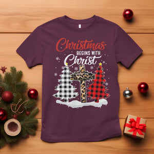Christmas Begins With Christ T Shirt Leopard Cross Plaid Xmas Tree TS11 Maroon Print Your Wear