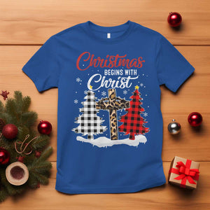 Christmas Begins With Christ T Shirt Leopard Cross Plaid Xmas Tree TS11 Royal Blue Print Your Wear