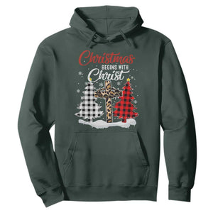 Christmas Begins With Christ Hoodie Leopard Cross Plaid Xmas Tree TS11 Dark Forest Green Print Your Wear