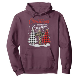 Christmas Begins With Christ Hoodie Leopard Cross Plaid Xmas Tree TS11 Maroon Print Your Wear