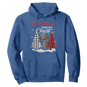 Christmas Begins With Christ Hoodie Leopard Cross Plaid Xmas Tree TS11 Royal Blue Print Your Wear